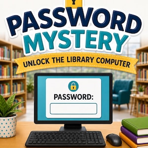Puede incluir: Un juego de ordenador titulado Password Mystery: Unlock the Library Computer, con una pantalla que muestra una solicitud de contraseña y un icono de candado amarillo. El juego es para edades de 7 a 9 años e incluye teclado, ratón y libros.