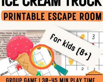 May include: A printable escape room game titled Vanilla Times Ice Cream Truck for kids 8 plus. The game features a grid puzzle, a magnifying glass, a pink ice cream cone illustration, and a row of colorful book spines with text on the covers.