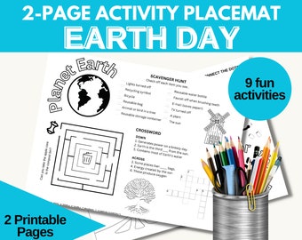 Printable Earth Day Activities for Kids -  Scavenger Hunt, Word Search, Crossword, Maze, Coloring | PDF - 2 pages - 8.5 x 11