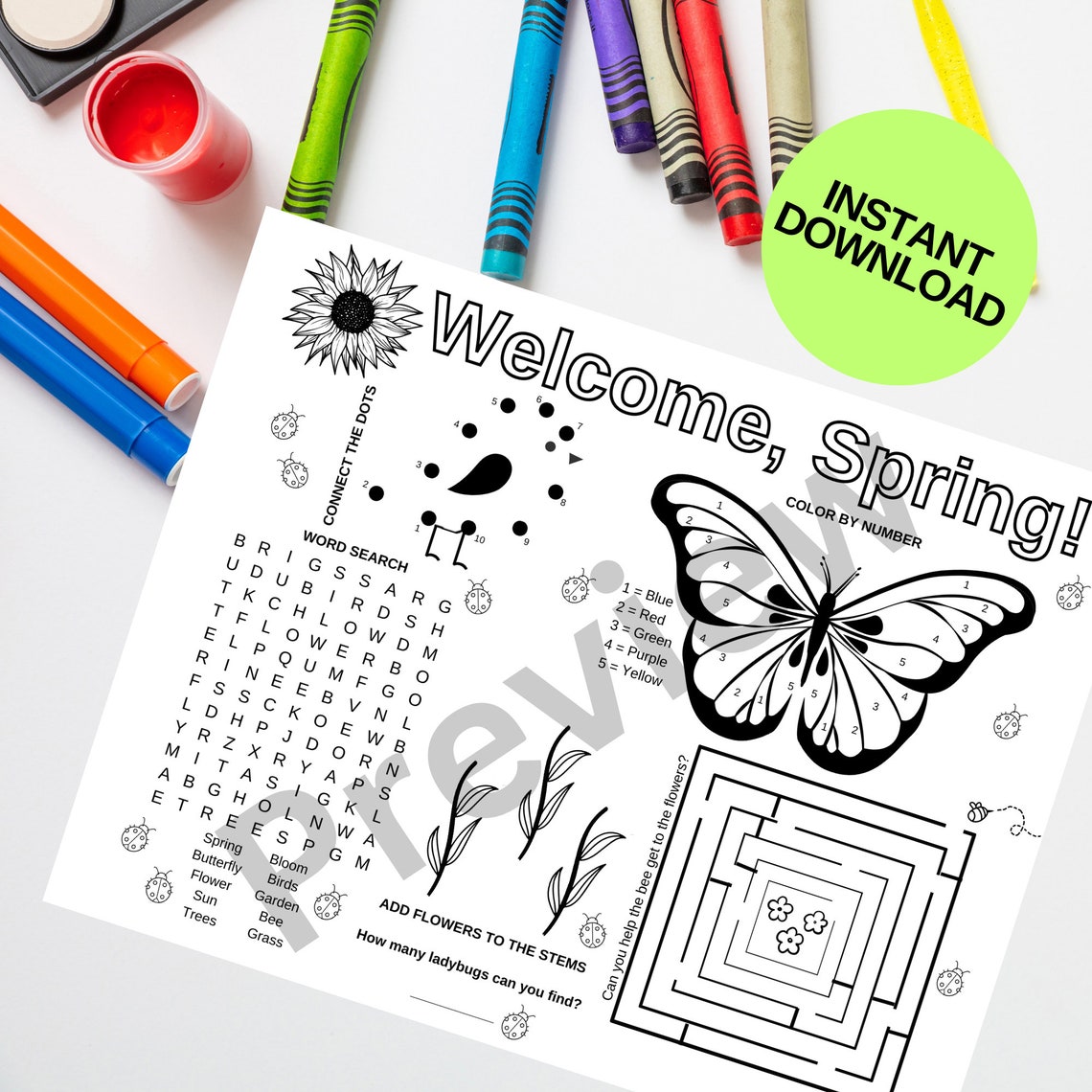 Spring Activity Pages for Kids Printable Word Search, Maze, Color by