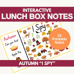 以下が含まれることがあります： 秋のテーマの印刷可能な「私は見ます、私は見ます」アクティビティシート。シートには、かぼちゃ、葉、どんぐり、かかしなど、秋のテーマの画像が多数含まれています。シートのテキストには、「秋」と「見つけることができますか：アップルパイ」と書いてあります。シートは、子供たちのランチボックスのメモとして使用するために設計されています。