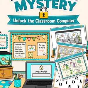 Pode incluir: Um jogo de lógica digital intitulado Password Mystery: Unlock the Classroom Computer para o 2º e 3º ano. A imagem mostra uma cena de sala de aula com um computador portátil, um quadro de tarefas e vários cartões de pistas com peixes.
