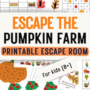 May include: Printable escape room game for children aged 8 and over with an autumn theme. The game features a pumpkin farm, a word search, and a maze. The text on the game says "Escape the Pumpkin Farm Printable Escape Room for kids (8+)"