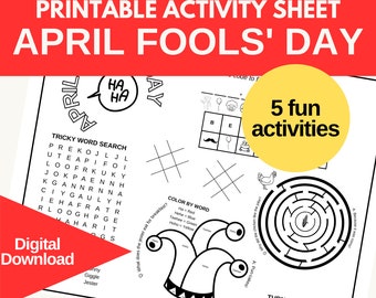 April Fools&#39; Day Printable Activities Worksheet for Kids - Coloring, Word Search, Jokes, Maze | Digital Download Placemat | 8.5 x 11