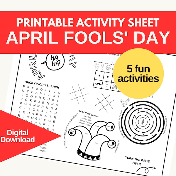 April Fools' Day Printable Activities Worksheet for Kids - Coloring, Word Search, Jokes, Maze | Digital Download Placemat | 8.5 x 11