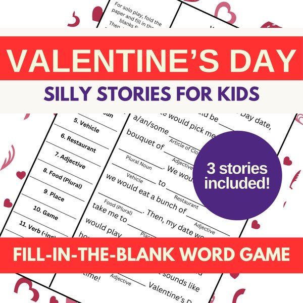 Valentine's Day Game for Kids | Fill-in-the-Blank Grammar Ad Libs Funny Party Game | 3 Printable Activities PDF