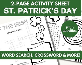 St. Patrick's Day Printable Activities | Kids Coloring Page Placemat | Word Search | Crossword | DIGITAL DOWNLOAD  - 8.5 x 11 2 Pages