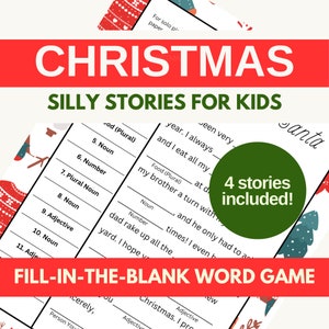 May include: A printable Christmas-themed fill-in-the-blank word game for kids. The game features four stories with blank spaces for kids to fill in with words from a list. The game is designed to help kids learn about different parts of speech.