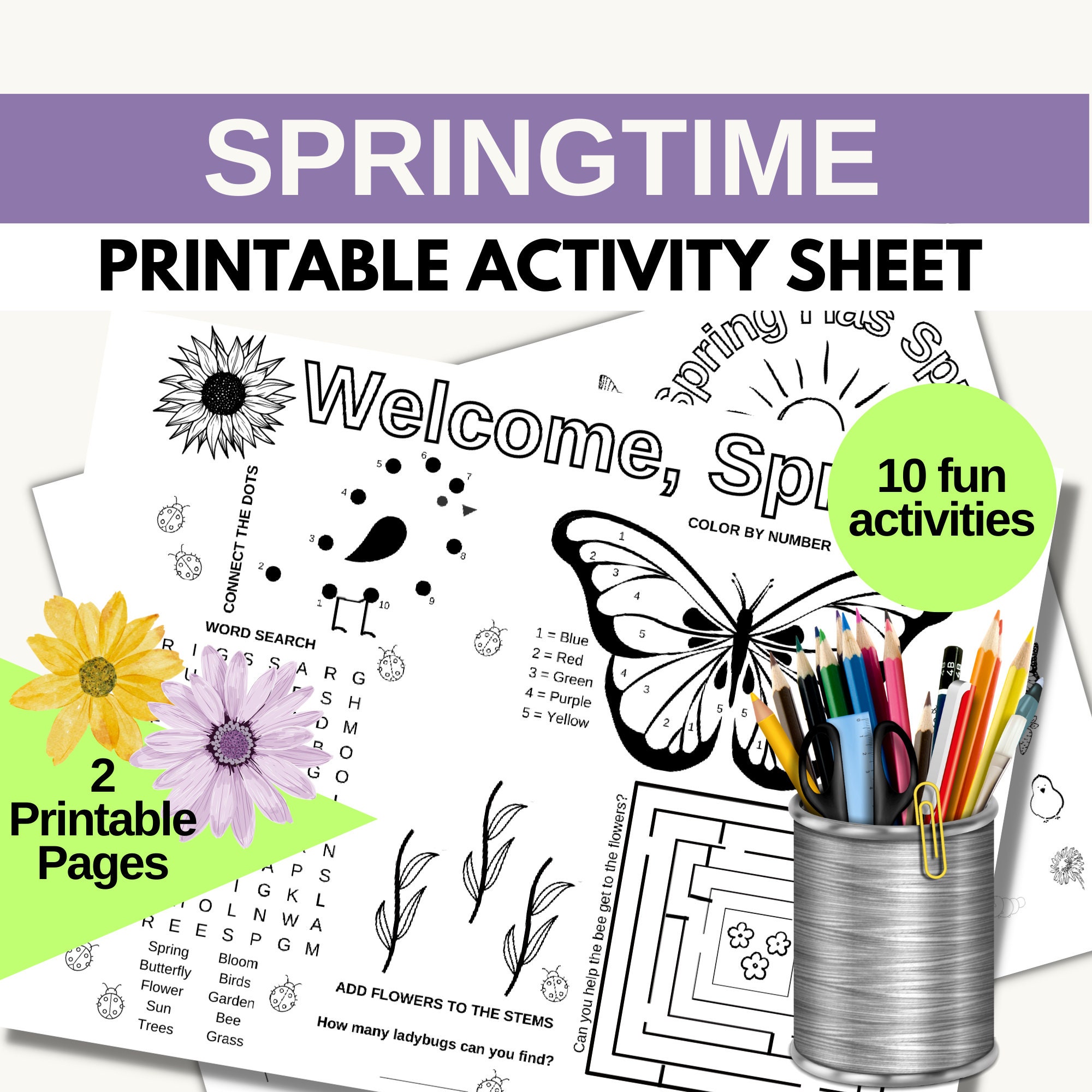 Spring Activity Pages for Kids Printable Word Search, Maze, Color by