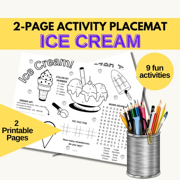 Printable Ice Cream Coloring Pages | Ice Cream Party Activity Coloring Placemat for Kids | Instant Download - 8.5 x 11 - 2 Pages