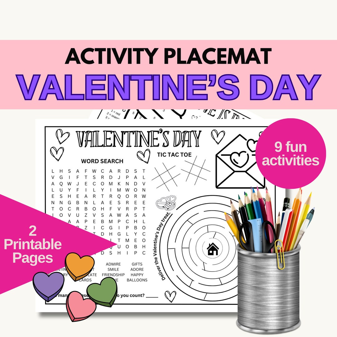 Printable Valentine's Day Coloring Placemat for Kids Party Activity ...