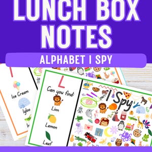 Op de afbeelding: Een set lunchboxnotities met een alfabet I Spy spel. De kaarten tonen letters, woorden zoals Ice Cream, Igloo, Lion, Lemon en Leaf, en kleurrijke illustraties van diverse objecten die kinderen in het spel kunnen zoeken.