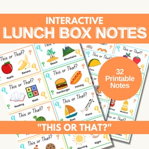 May include: 32 printable "This or That?" cards for lunch boxes. The cards feature colorful illustrations of various pairs of items, such as apple and banana, hamburger and hotdog, and boat and plane.