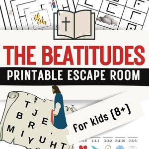 Op de afbeelding: Een printbare escape room activiteit getiteld THE BEATITUDES PRINTABLE ESCAPE ROOM voor kinderen (8+). Het ontwerp bevat een doolhof, een raster met rotsen, een bijbelicoon, een perkamentrol met letters, een figuur in een blauw gewaad en kleine iconen waaronder een hart, veer, vredesteken, wolk en handen.