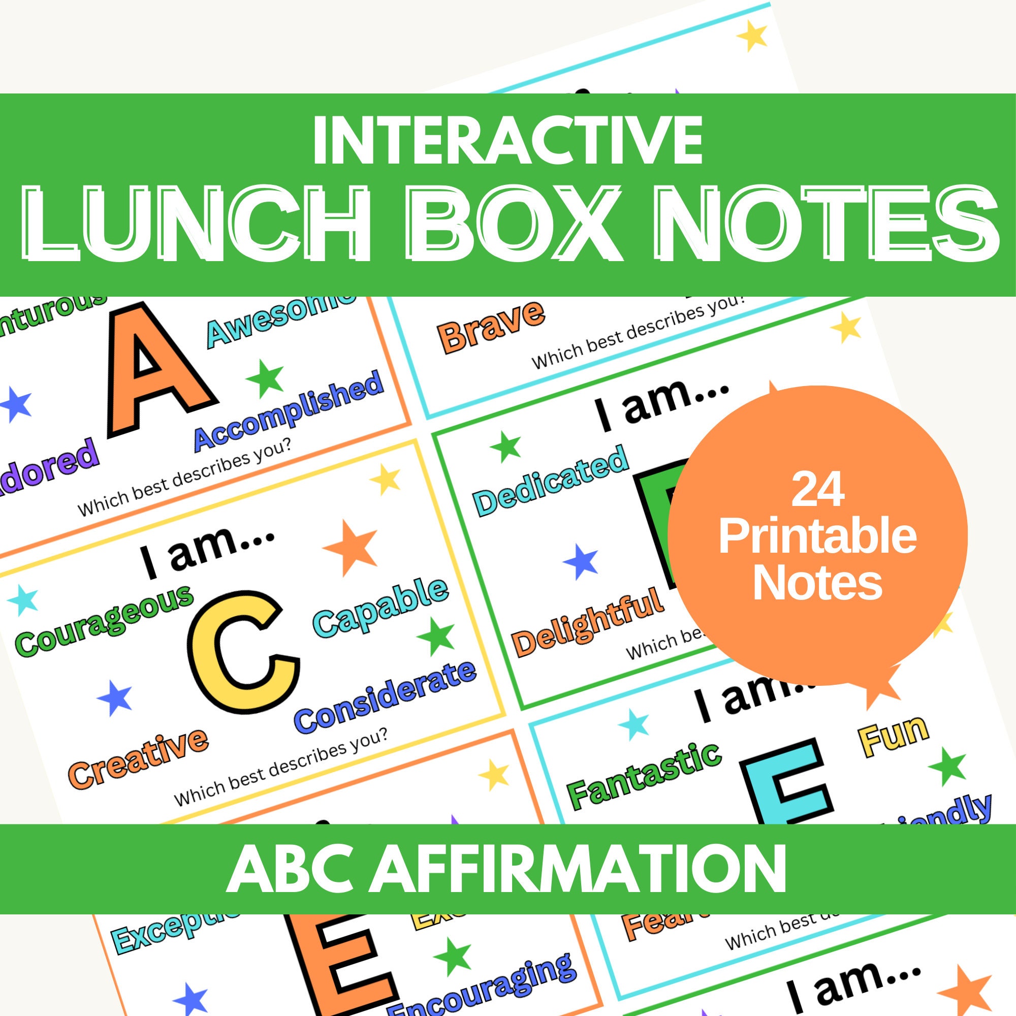 ABC Affirmation Lunch Box Notes for Kids: 24 Printable Cards (digital ...
