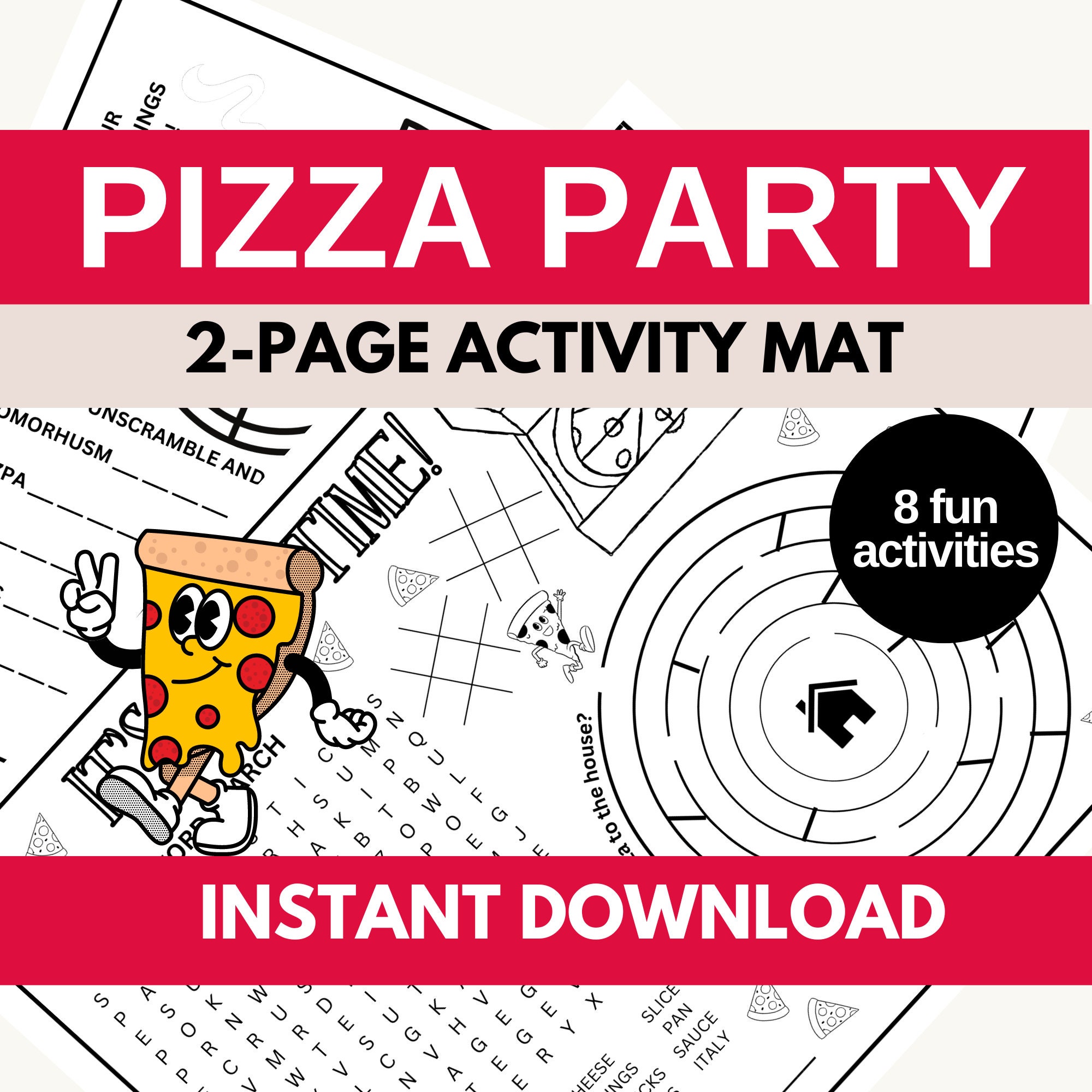 Pizza Printable Activity Mat for Kids | Two Pages of Fun - Maze, Word Search, Coloring | Pizza Party Theme - 8.5 x 11 PDF