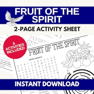 Fruit of the Spirit Activity Sheet for Kids | Sunday School Coloring Pages - Galatians 5 Bible Verse | 2 Page PDF Instant Download