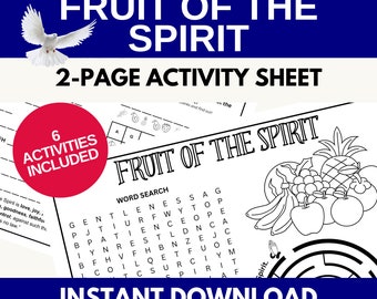 Fruit of the Spirit Activity Sheet for Kids | Sunday School Coloring Pages - Galatians 5 Bible Verse | 2 Page PDF Instant Download
