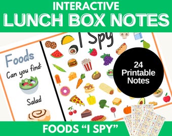 Food I Spy Lunch Box Notes for Kindergarten, Preschool, Elementary - 24 Printable Activity Cards (Digital Download)