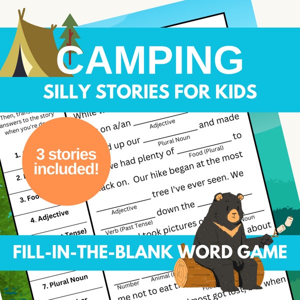 Camping Game for Kids | Fill-in-the-Blank Grammar Ad Libs Funny Party Game | 3 Printable Activities PDF