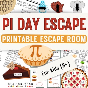 Puede incluir: Escape Room imprimible del Día Pi para niños de 8 años en adelante. La sala de escape presenta una variedad de rompecabezas y actividades relacionadas con la constante matemática pi. La sala de escape incluye un gráfico de pastel, una búsqueda de palabras, un laberinto y un rompecabezas numérico.