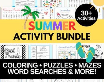 Summer Activities Printable Bundle, Kids Puzzles, Coloring, Mazes (PDF Pack)