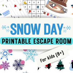 Op de afbeelding: Printbare escape room-game voor kinderen van 8 jaar en ouder met een winterthema. Het spel bevat een sneeuwscène met sneeuwvlokken, een sneeuwpop en een winterlandschap. De tekst "SNOW DAY" staat in grote blauwe letters op een witte achtergrond. De tekst "PRINTABLE ESCAPE ROOM" staat in blauwe letters op een witte achtergrond. De tekst "For kids (8+)" staat in zwarte letters op een witte achtergrond.