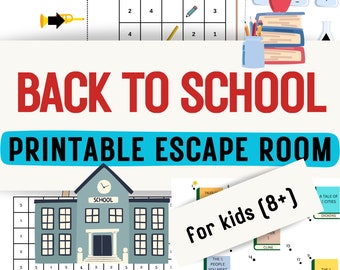 May include: Printable escape room game for kids ages 8 and up. The game features a schoolhouse theme with a blue and gray school building, a clock, and a grid with numbers. The text "Back to School" and "Printable Escape Room" are in red and blue text. The text "For kids (8+)" is in white text on a blue background.