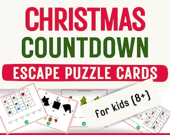 May include: A set of 24 printable Christmas countdown escape puzzle cards for kids ages 8 and up. The cards feature a variety of puzzles, including word searches, mazes, and logic puzzles. The cards are designed to be used as a fun and educational way to count down the days until Christmas.