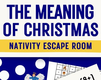 May include: A printable activity sheet titled The Meaning of Christmas Nativity Escape Room for kids 8+. The design features a yellow star, a manger, a sheep, and a wise person with directional arrows, plus an angel graphic and a maze puzzle.