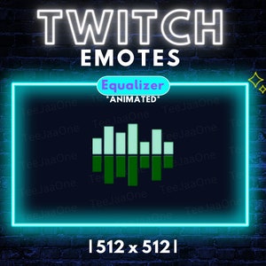 Puede incluir: Un marco azul neón con el texto "TWITCH EMOTES" y "Equalizer *ANIMATED*" en texto blanco. Dentro del marco hay un gráfico de ecualizador animado verde y azul claro. La imagen es de 1512 x 512 píxeles.