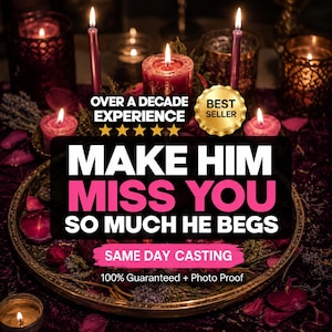 Könnte beinhalten: Eine Ansammlung brennender Kerzen in Rot- und Violetttönen auf einem goldenen Tablett mit verstreuten Blütenblättern. Der Text lautet: OVER A DECADE EXPERIENCE, BEST SELLER, MAKE HIM MISS YOU SO MUCH HE BEGS, SAME DAY CASTING, 100% GUARANTEED + PHOTO PROOF.
