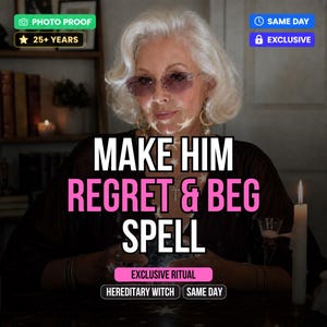 Könnte beinhalten: Das Bild zeigt eine Frau mit silbernem Haar und Sonnenbrille. Der Text "MAKE HIM REGRET & BEG SPELL" ist prominent dargestellt. Zusätzlicher Text lautet "EXCLUSIVE RITUAL", "HEREDITARY WITCH" und "SAME DAY".