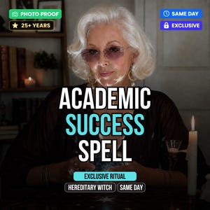 Könnte beinhalten: Ein Bild mit einer Frau mit weißem Haar und Sonnenbrille. Der Text "ACADEMIC SUCCESS SPELL" ist prominent dargestellt. Zusätzlicher Text enthält "PHOTO PROOF", "25+ YEARS", "SAME DAY", "EXCLUSIVE", "EXCLUSIVE RITUAL", "HEREDITARY WITCH" und "SAME DAY".