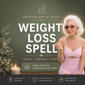 Può includere: Una pubblicità per un incantesimo per la perdita di peso. L'immagine presenta una donna anziana con un vestito rosa e occhiali da sole. Il testo include "Weight Loss Spell", "Release, Rebalance, Renew" e "Energy Work for Confidence & Well-Being". Una candela accesa è in primo piano.