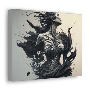 Puede incluir: Impresión artística en lienzo que presenta una ilustración estilizada de una mujer con cabello suelto y un diseño abstracto oscuro. La obra de arte es principalmente en blanco y negro con salpicaduras de color, creando un efecto dramático. El lienzo está estirado y listo para colgar.