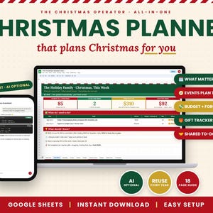 May include: A digital Christmas planner displayed on a laptop and smartphone screen. The interface features red, green, and gold sections with text including The Christmas Operator, What Matters This Week, Events Plan Themselves, Budget, and Gift Tracker.