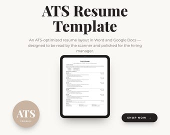 May include: A digital tablet displays a resume template with the text "ATS Resume Template." The image includes the text "ATS Friendly" and "Shop Now." The resume layout is designed for Word and Google Docs, optimized for scanners and hiring managers.