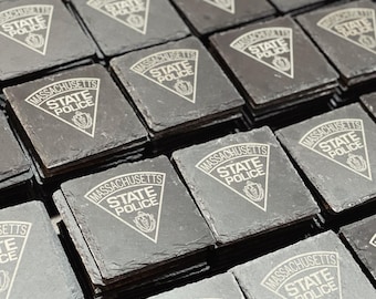 Laser Engraved Massachusetts State Police Slate Coasters, Set of 4
