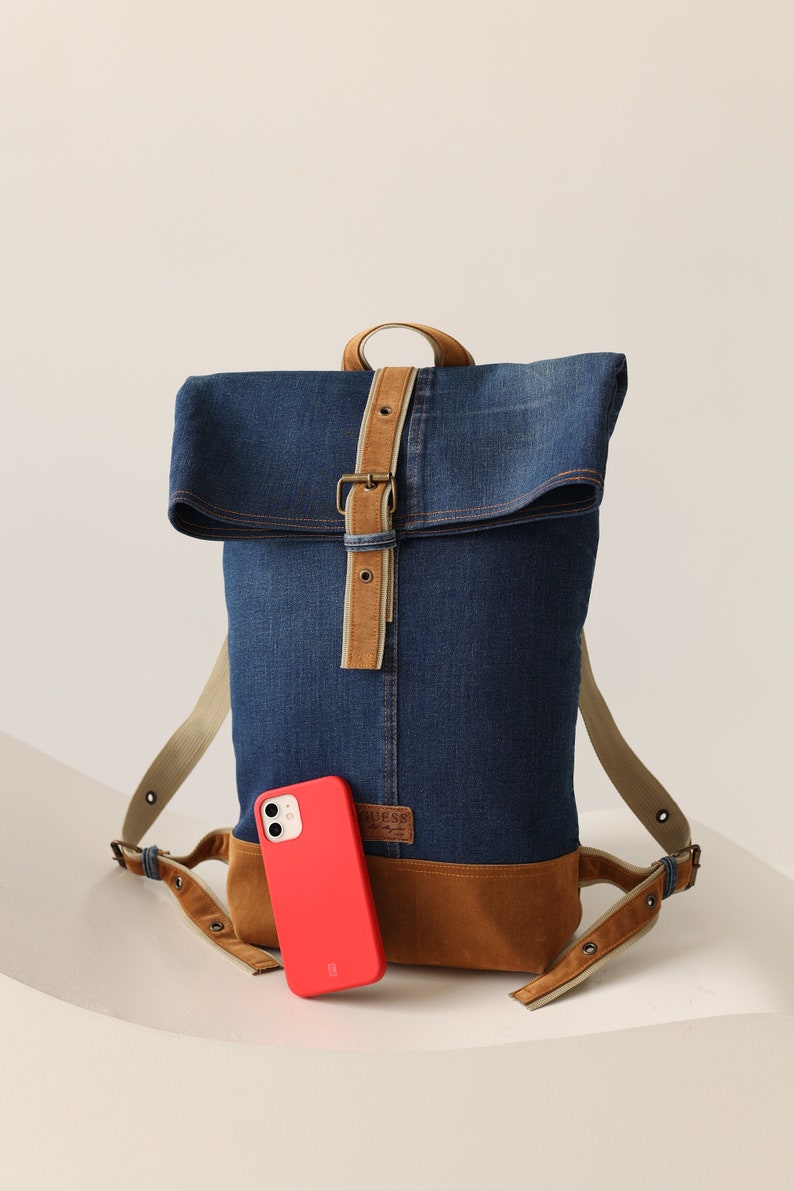 Recycled vintage denim/jeans shoulder backpack image 5