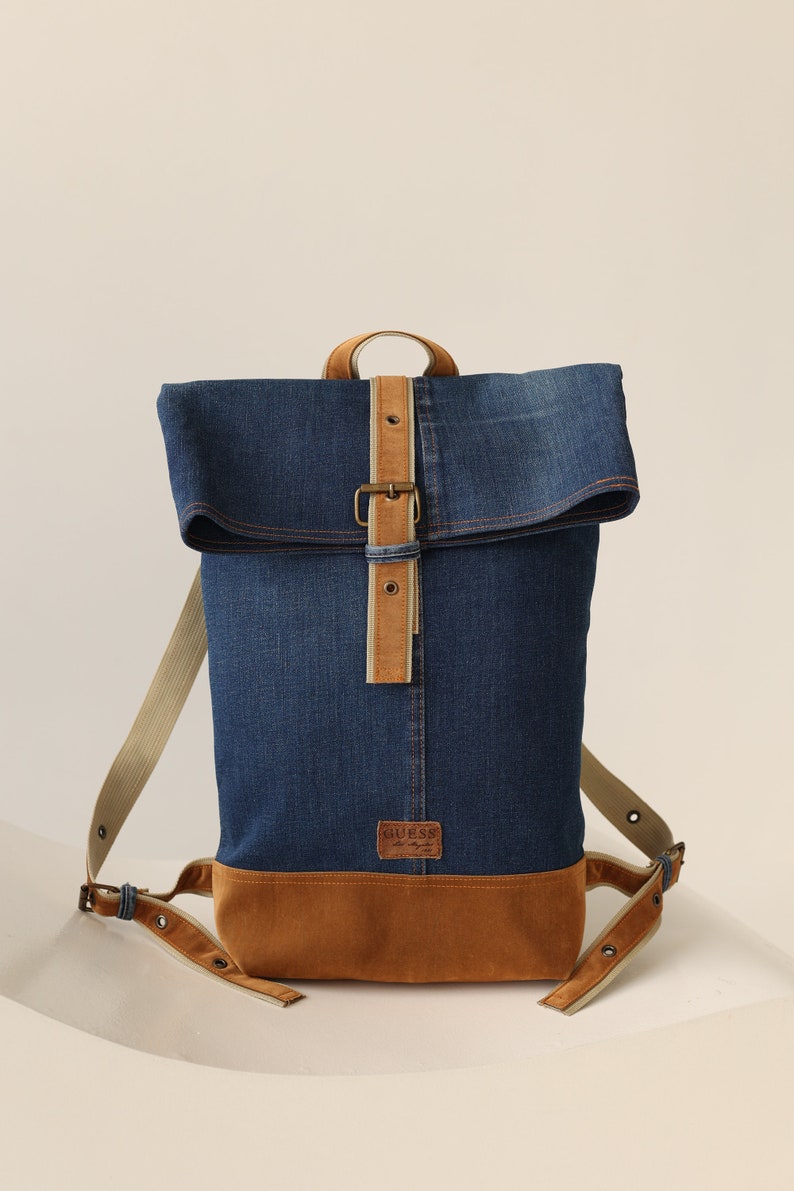 Recycled vintage denim/jeans shoulder backpack image 3