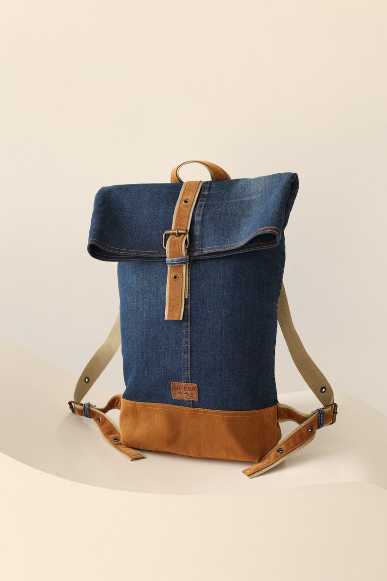 Recycled vintage denim/jeans shoulder backpack image 1