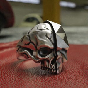 Half Skull Polygon Solid Blackened Ring 925 Sterling Silver Adjustable Unique Design Handmade Gothic Jewelry Bold Statement Piece Gift