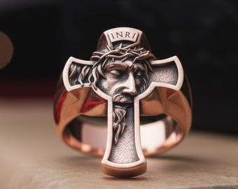 Jesus Cross Ring Rose Gold Silver 925 | INRI Crucifix Ring | Handcrafted Crown of Thorns Catholic Faith Religious Jewelry Gift