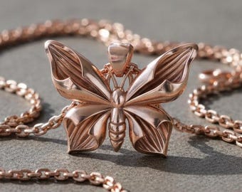 Ciondolo a forma di farfalla in oro rosa / Ciondolo a forma di collana con motivo natura / Gioiello a forma di insetto in argento sterling / Regalo per gli amanti delle farfalle