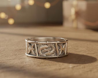 Pisces Zodiac Ring Polished Silver, Astrology Ring for Men Women, Pisces Birthday Gift February March, Two Fish Band Ring