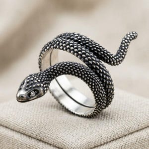 May include: A silver ring shaped like a coiled snake with a textured, scale-like surface and a small, clear, round gemstone set into the head of the snake. The metal has a dark, oxidized finish in the crevices to highlight the detailed scales.