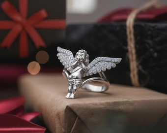Praying Angel Ring 925 Sterling Silver Oxidized Finish Cherub Statement Jewelry Guardian Angel Gift for Her
