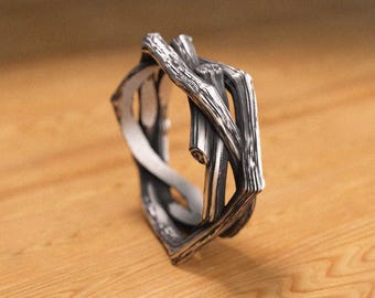 Branch Wedding Band Ring, Nature-Inspired 925 Sterling Silver Handmade Jewelry, Unique Rustic Wedding Band