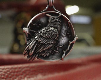 May include: A silver owl pendant necklace with a detailed design of an owl perched on a branch. The owl has a round face with large eyes and a detailed feather pattern.